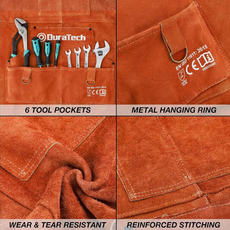 DURATECH Leather Welding Apron, Heat Flame Resistant, 23" x 36" Heavy Duty Work Apron with 6 Tool Pockets, 100% Cowhide Leather - Image 5